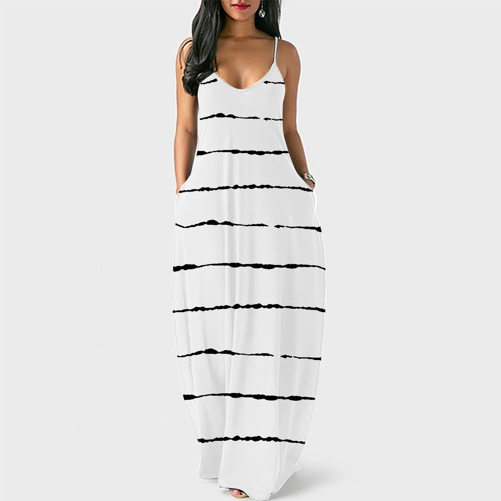 Striped Printed Sexy Deep V Strap Long Dress