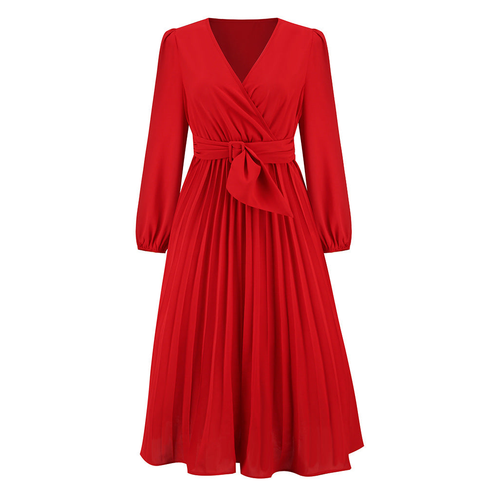 Women's New Long Sleeve Slim-Fit Pleated Belt V-neck Dress A- line Skirt