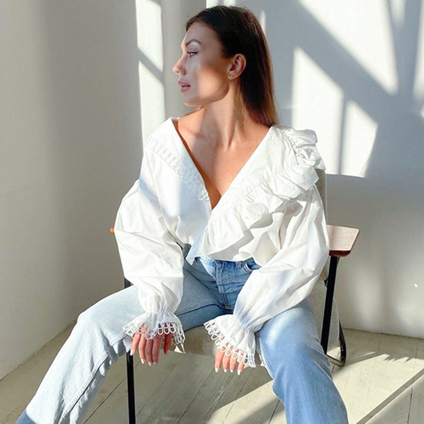 Women's European and American Shirt Sexy Deep V-neck Flounce Long Sleeve Elegant Fashion Stitching Lace Shirt