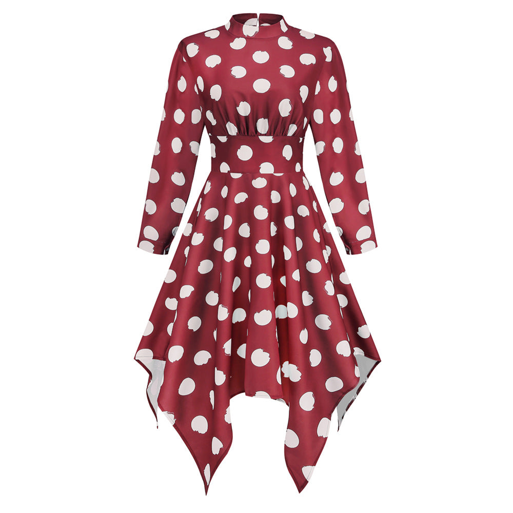 Irregular Long Sleeve Polka Dot Dress Women's New European and American Popular