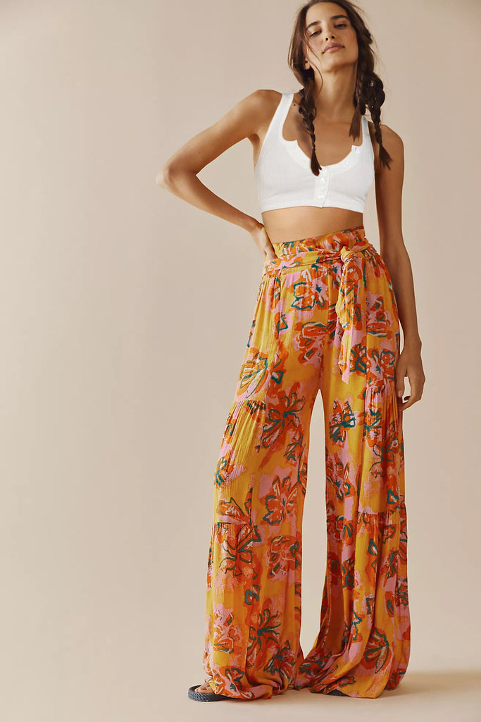 Floral Digital Printing Women's Rope Belt Casual Wide-Leg Pants Beach Vacation Bell-Bottom Pants