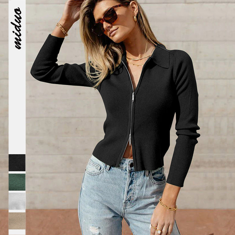 European and American Fashion Women's Wear Wear Autumn New Zipper Sunken Stripe Lapel Cardigan Coat Classic Style All-Matching Sweater