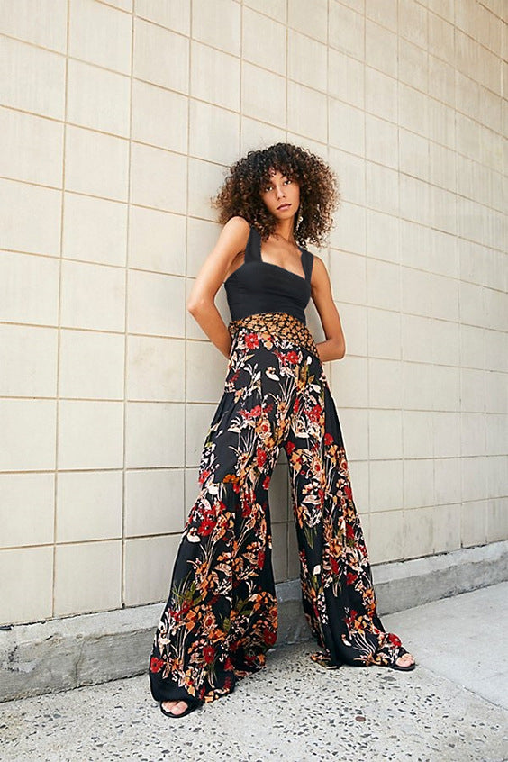 Floral Digital Printing Women's Rope Belt Casual Wide-Leg Pants Beach Vacation Bell-Bottom Pants