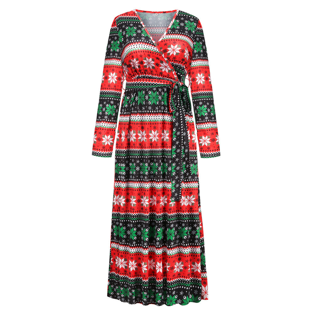 Christmas Printed Dress Fashionable V-neck Long Knitted Fitted Waist Dress