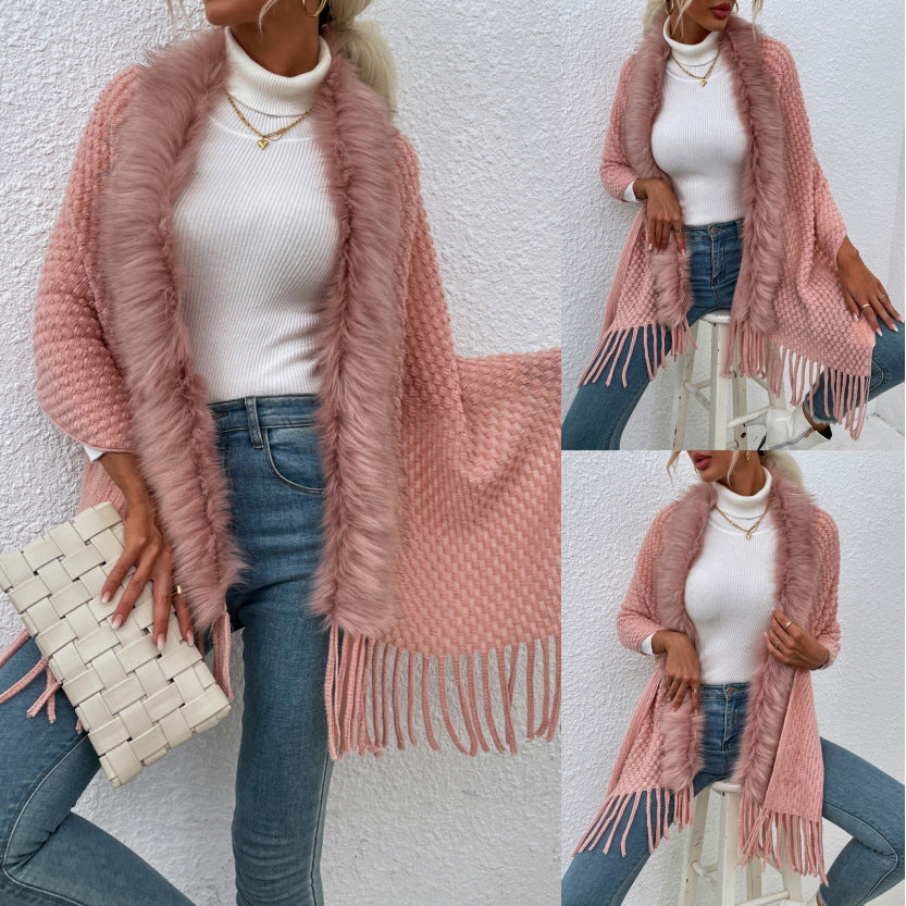 Autumn and Winter New Light Luxury Fur Collar Tassel Shawl Sweater Coat