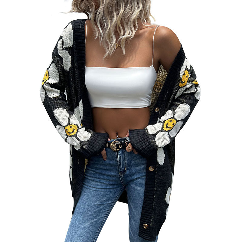 Autumn and Winter New European and American Fashion Women's Wear Flower Long Sleeve Sweater Cardigan Mid-Length