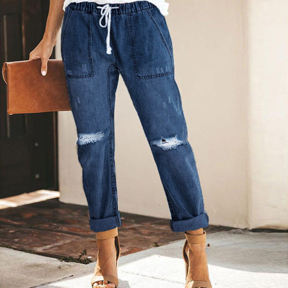 Drawstring Elastic Waist Ripped Denim Pants Casual Pants for Women