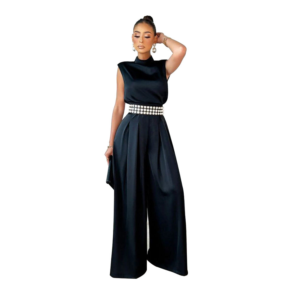 Fashionable Wide Leg Pants Solid Color Turtleneck Sleeveless Fitted Waist Jumpsuit