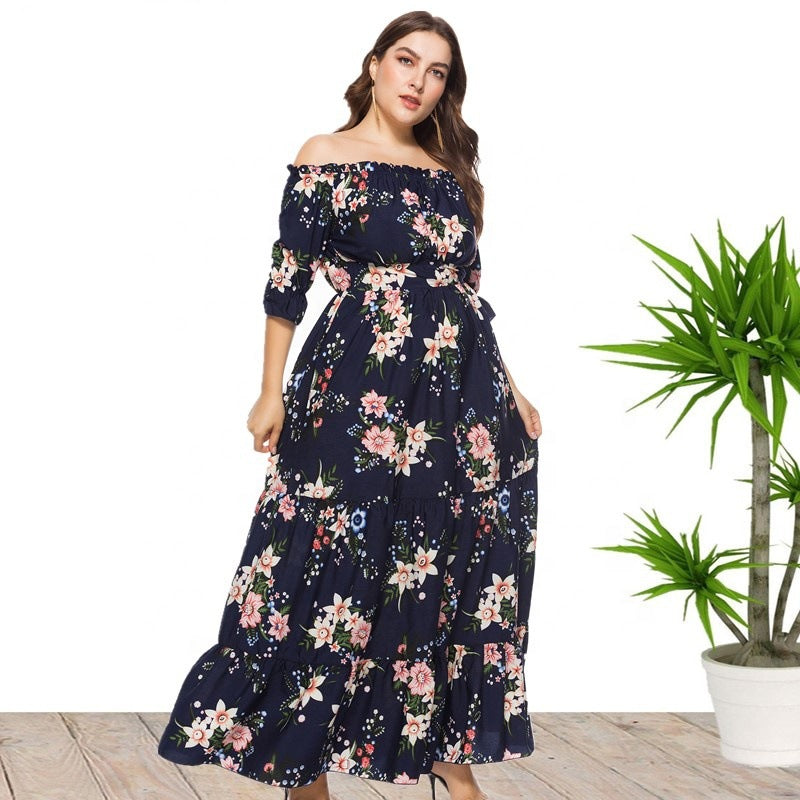 Women's off-Neck Plump Girls Bohemian plus Size Dress