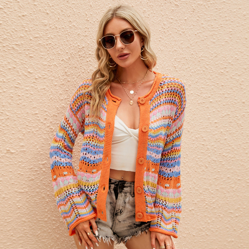 Elegant Versatile Top Long Sleeve Rainbow Striped Sweater Loose round Neck Hollow out Sweater Cardigan