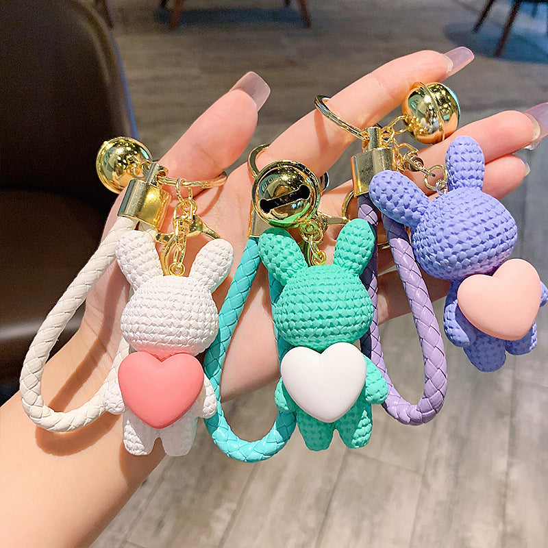 Creative Peach Heart Woven Rabbit Keychain Female Cute Couple Rabbit Schoolbag Pendant Car Key Chain Ornaments