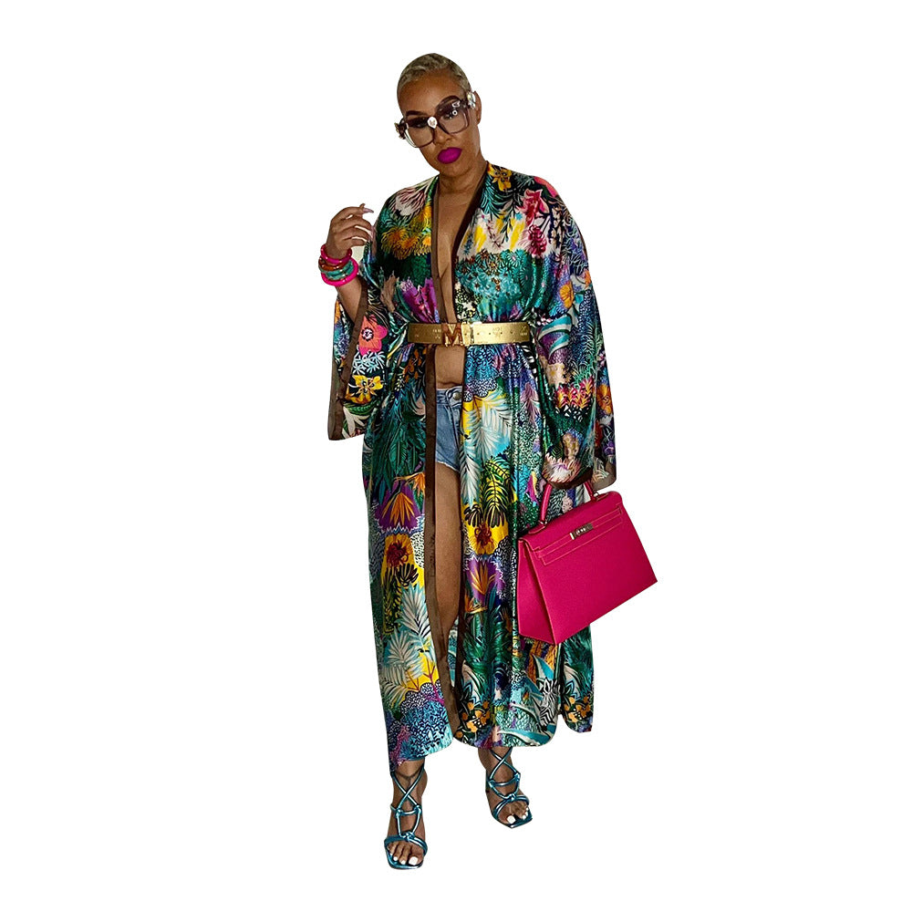 Coat Artificial Silk Multi-Print Fashion Casual Trench Coat