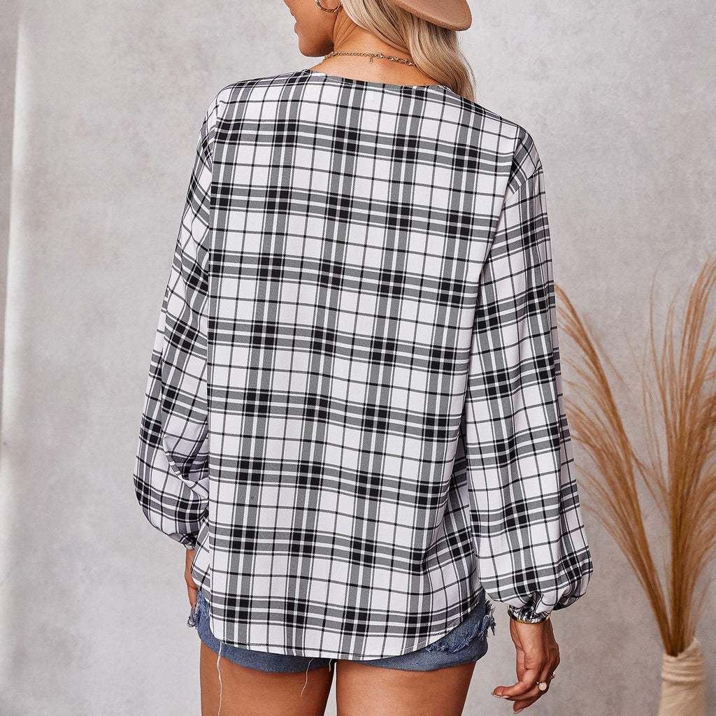 2022 Autumn New Shirt Women's Fashion Plaid Crew Neck Shirt Fashion