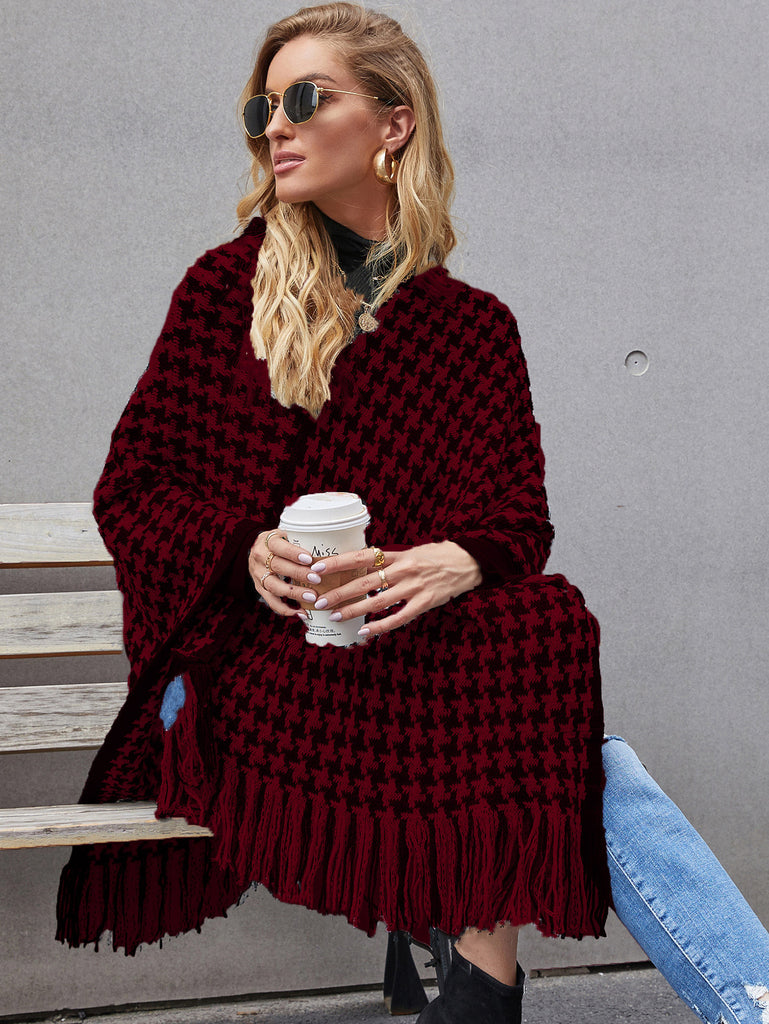 Autumn and Winter New Houndstooth Tassel Shawl Sweater Cloak Women