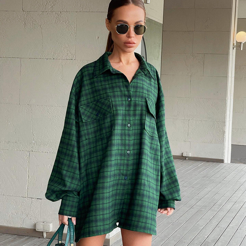 American Retro Green Plaid Oversized Shirt Niche Loose Long Sleeve Shirt