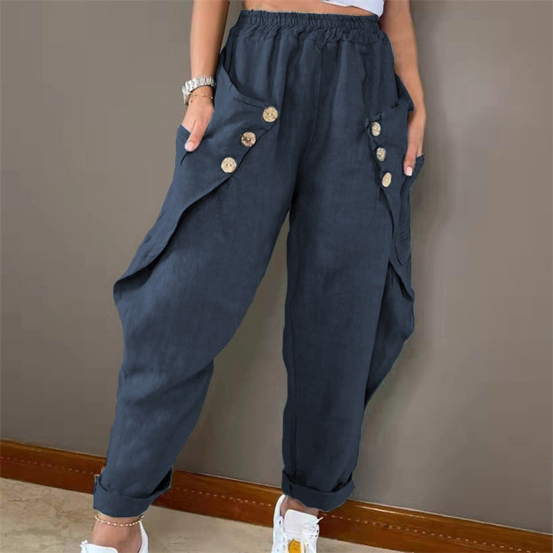 Casual Pocket Button Waist Trimming Casual Trousers