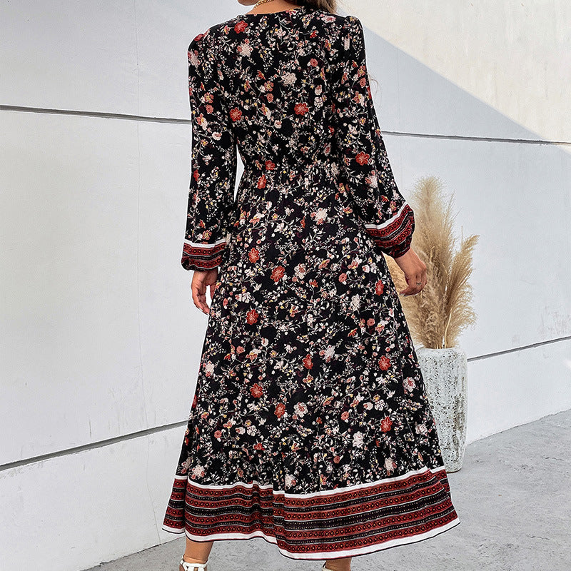 Women's V-neck Puff Sleeve Bohemian Printed Long Sleeve Split Dress