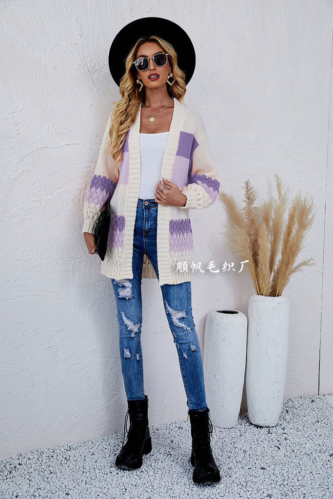 Fashion Women's Wear Sweater Cross-Border Color Contrast Patchwork Mid-Length Loose Knitted Cardigan Coat