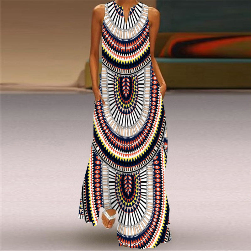 Fashion Sexy Digital Printed V-neck Sleeveless Maxi Dress Pocket European and American Style Dress