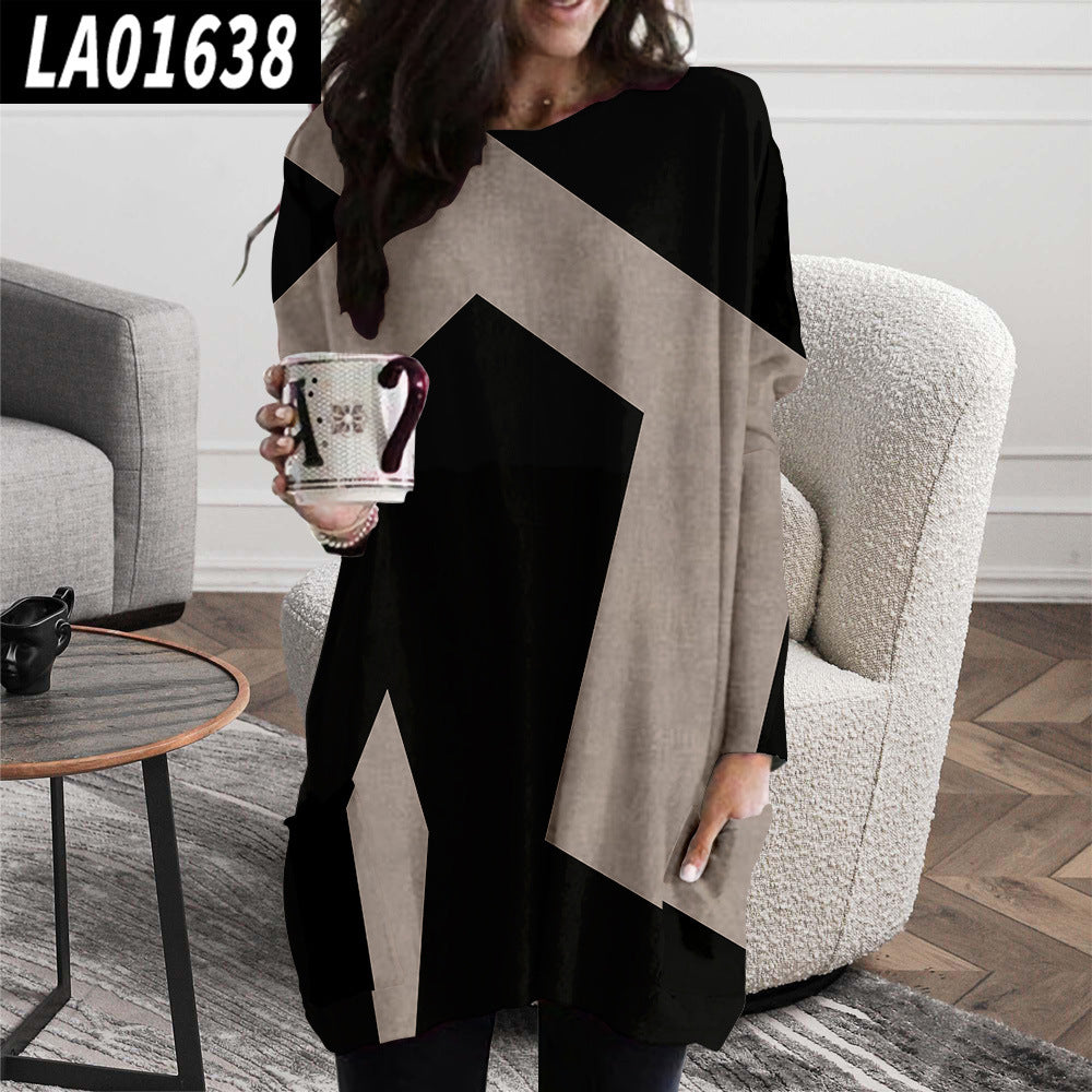 Abstract Face Crew Neck Casual Mid-Length Loose Dress