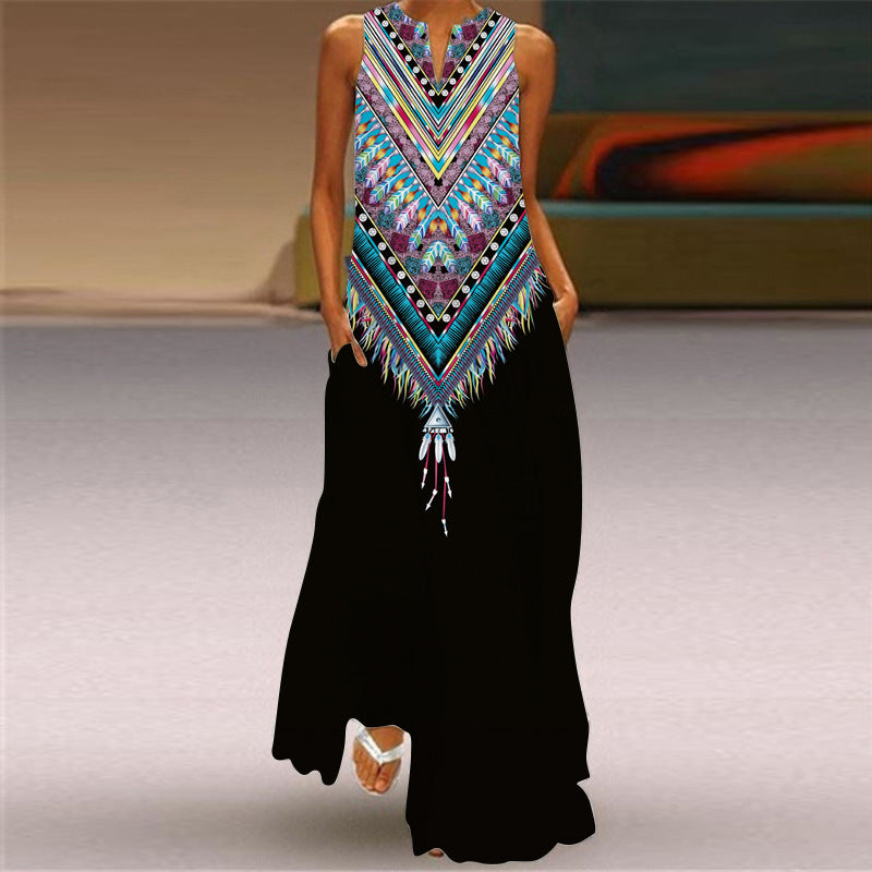 European and American Retro Printed Long Dress V-neck Multicolor Long Sexy Sleeveless Dress