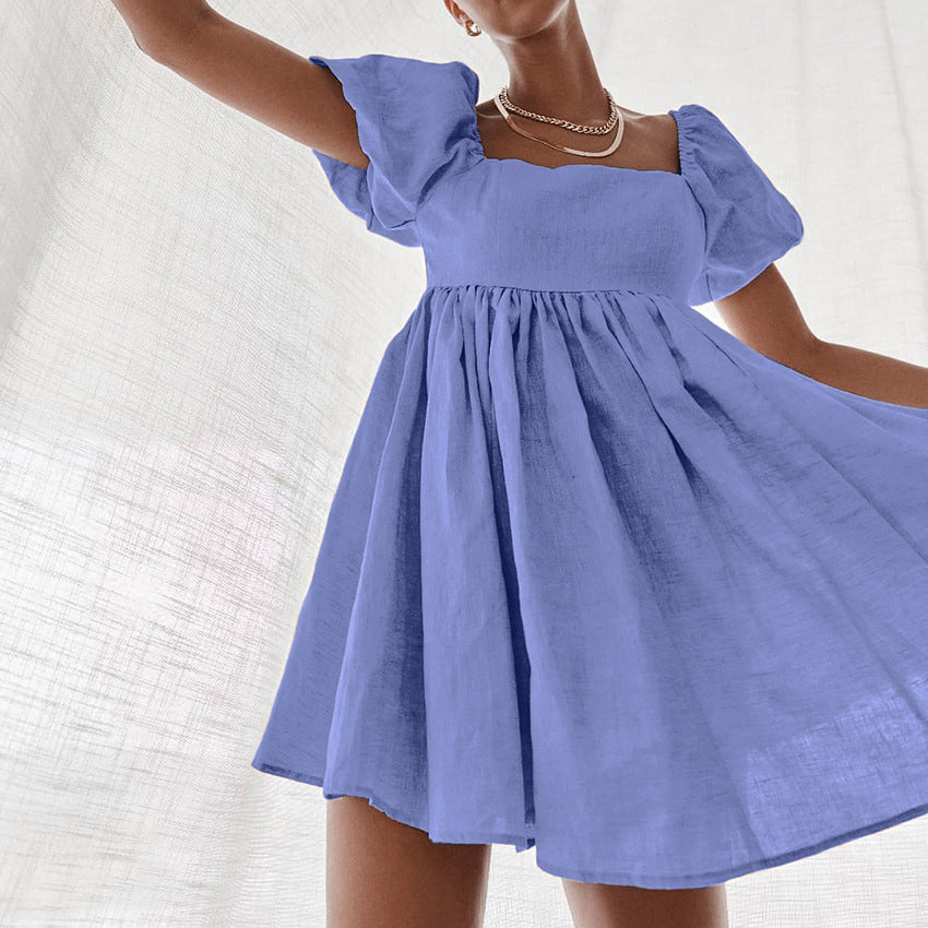 Bubble Sleeve Commuter Cotton and Linen Dress Short Sleeve Vacation Style Waist A- line Skirt Backless Skirt