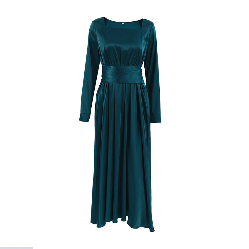 Hepburn Style Little Black Dress Temperament Square Collar Dress Women's Satin Fitted Waist Bowknot Lace-up Dress