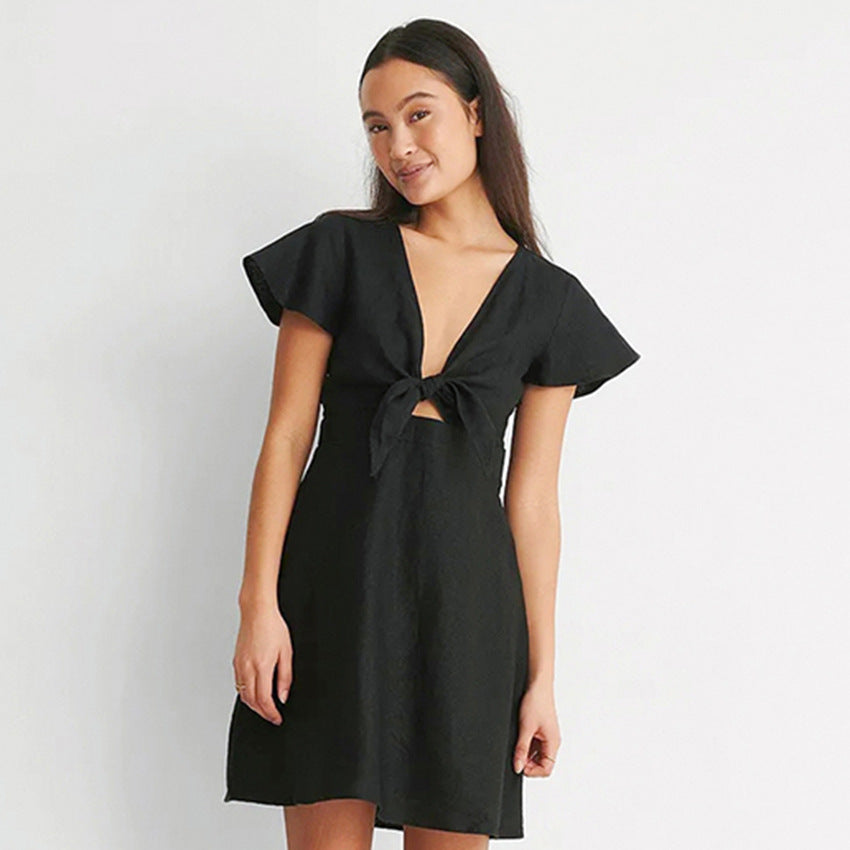 European and American Cotton and Linen Commuter Dress Flying Sleeves Bow V-neck Hollow Waist A- line Skirt for Women