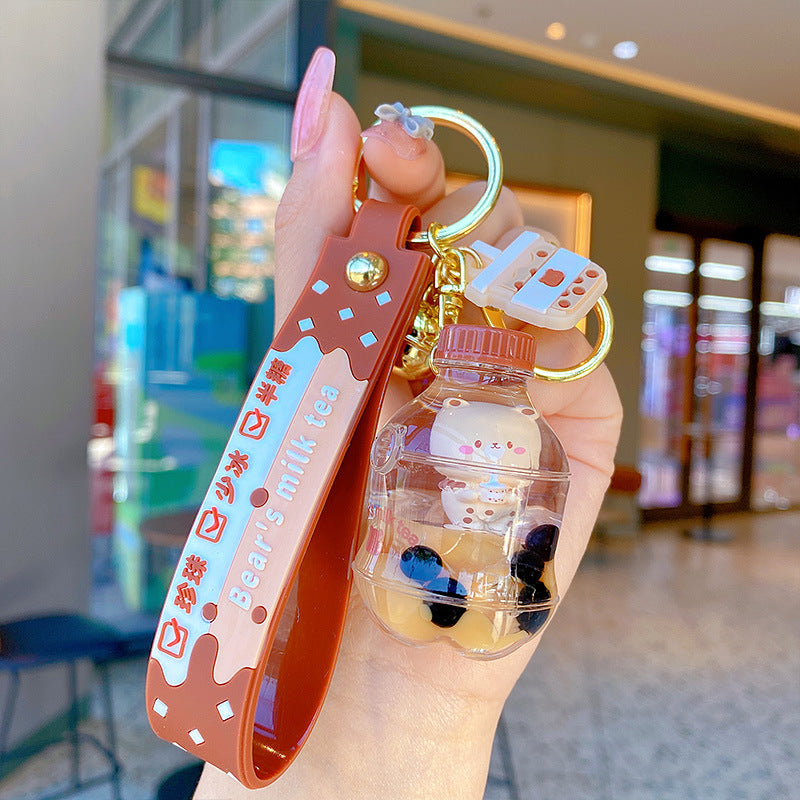 Creative Cartoon Oil-Filled Bubble Tea Keychain Cute Exquisite Car Key Chain Couple Bags Pendant Gift