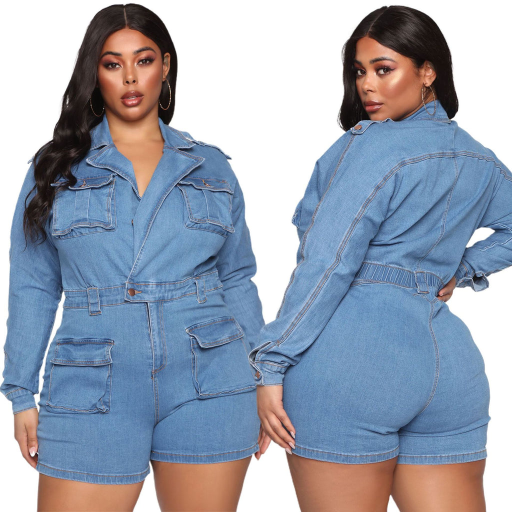 Denim Jumpsuit New European and American Washed Fashionable Slim Fit Comfortable One-Piece Denim Shorts