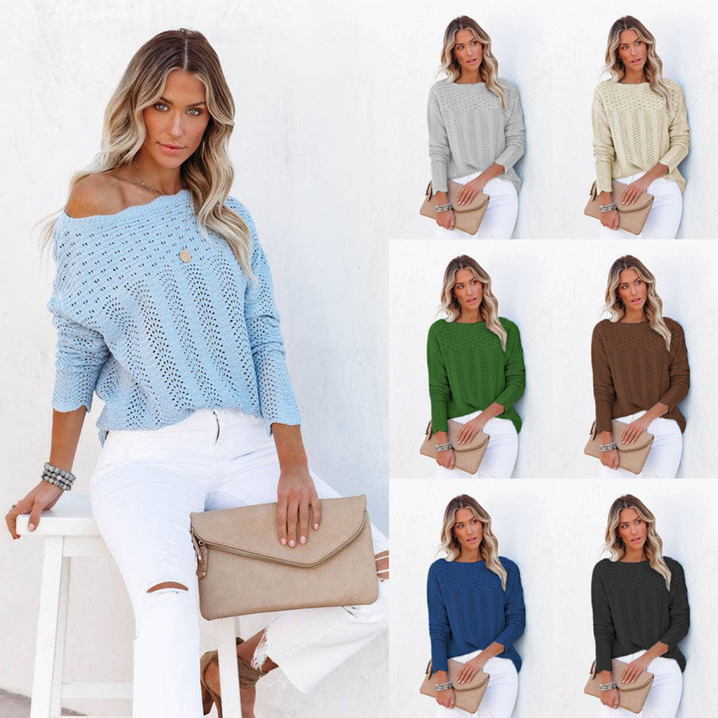 Bestseller Solid Color Hollow-out Pullover Lace Knitwear off-Shoulder Sweater for Women