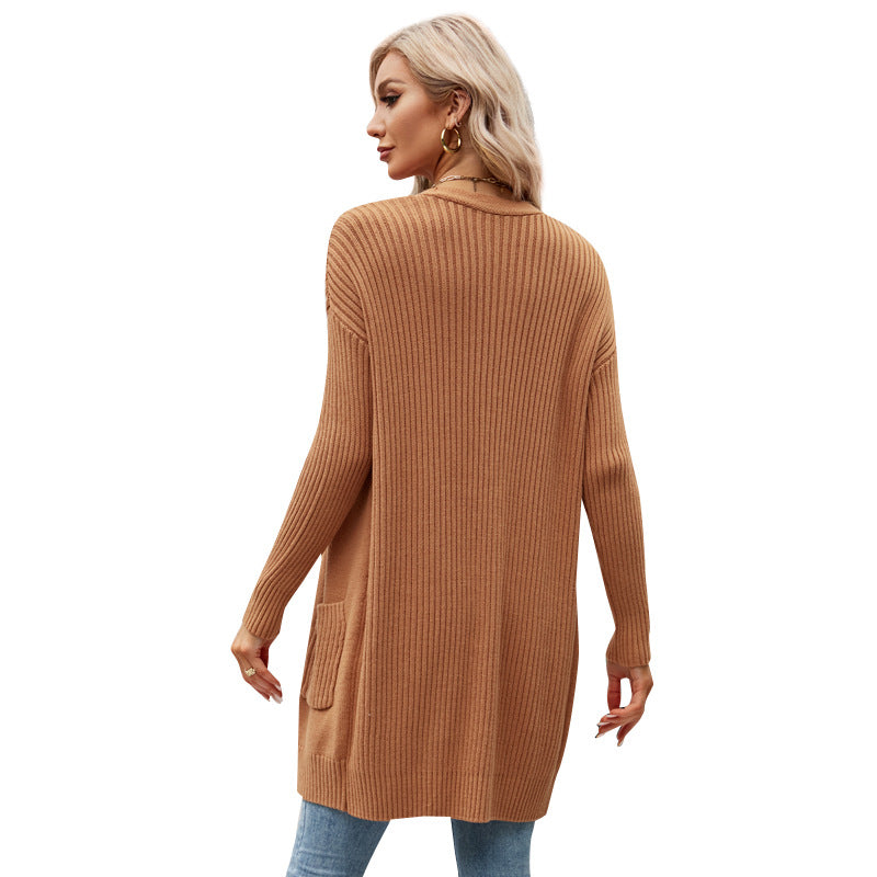 European and American Women's Clothing Versatile Solid Color Knitted Cardigan Long Slim Fit Sweater Coat