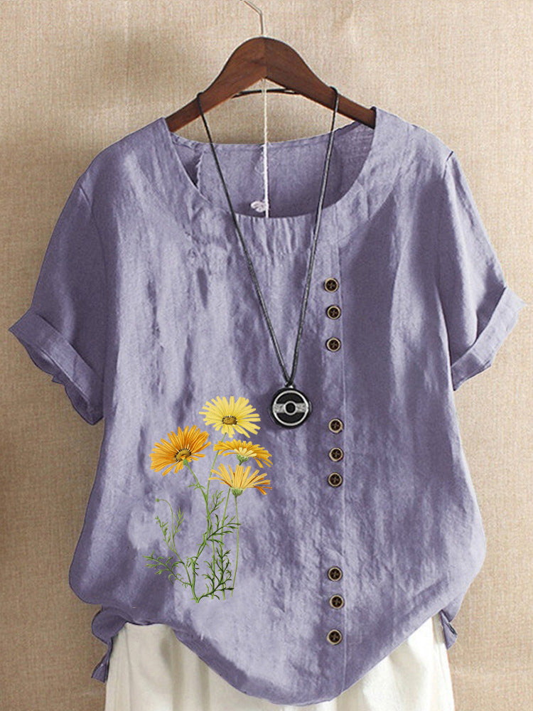 Cotton and Linen New Hot Flower Series Printed Loose round Neck T-shirt for Women