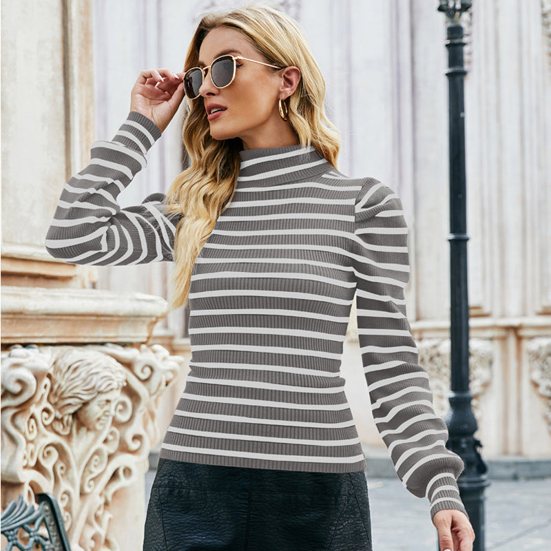 Women's Bubble Sleeve Knitted Striped Top Fashion Slim Fit Slimming Turtleneck Knitting Bottoming Shirt