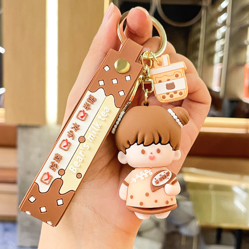 Cartoon Bubble Tea Couple Little Bear Keychain Cute Automobile Hanging Ornament Exquisite Bag Key Ring Pendants