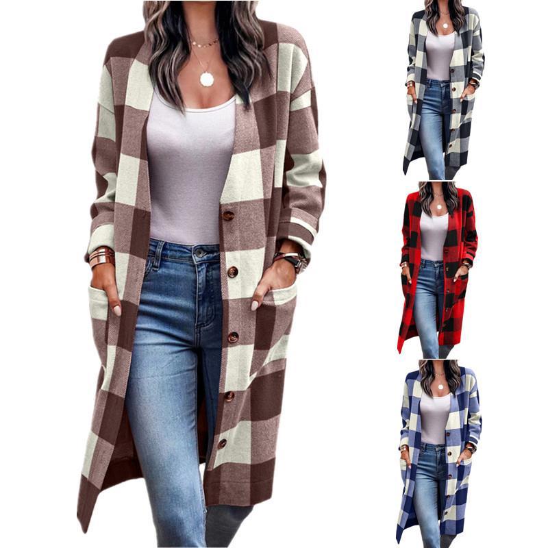 Bestseller Loose Plaid Button Pocket Printed Coat Cardigan for Women