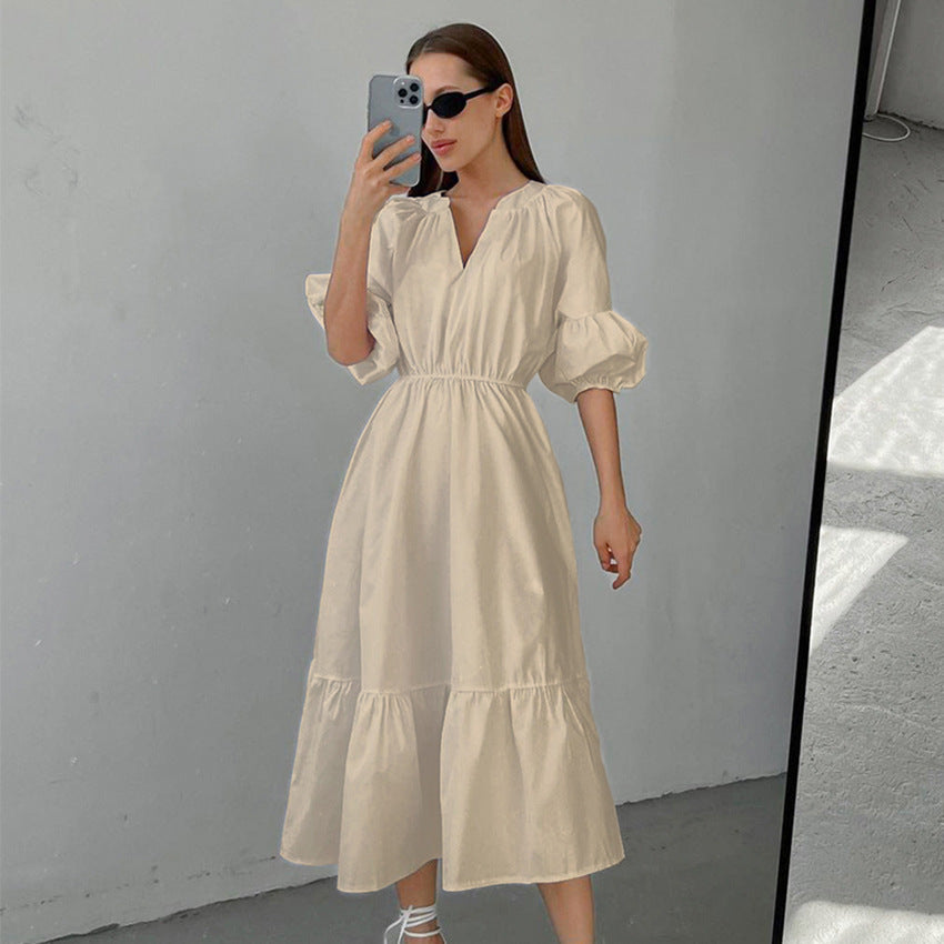 Klein Blue Puff Sleeve High Waist A- line Skirt Commuter Dress Long Skirt Fashion Simple Women