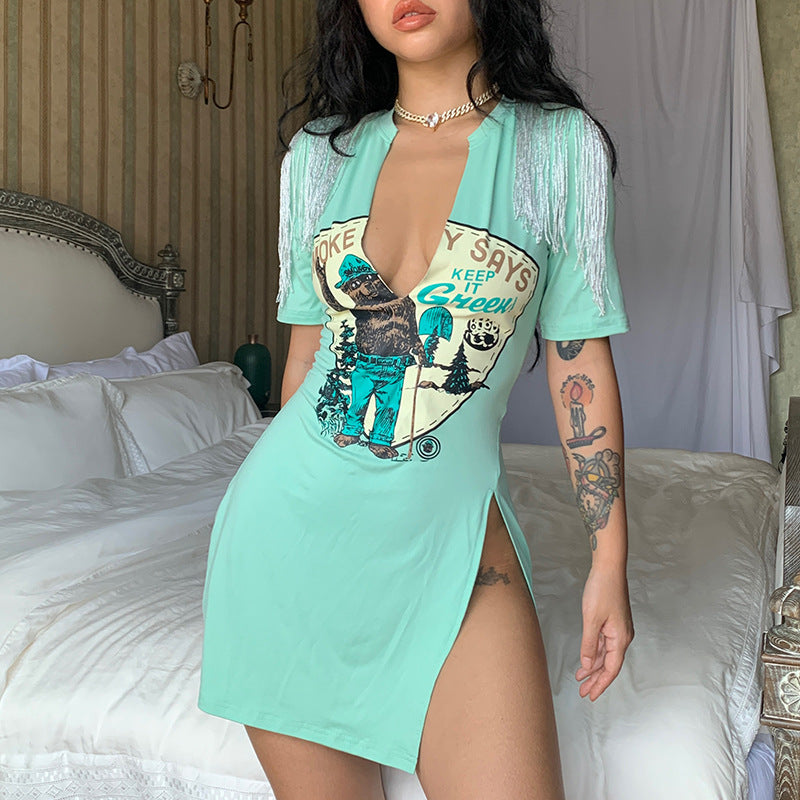 Deep V-neck Short Sleeve Sexy Slit Irregular Stitching Tassel T-shirt Skirt Hip Hop Funny Rock Jumpsuit Skirt