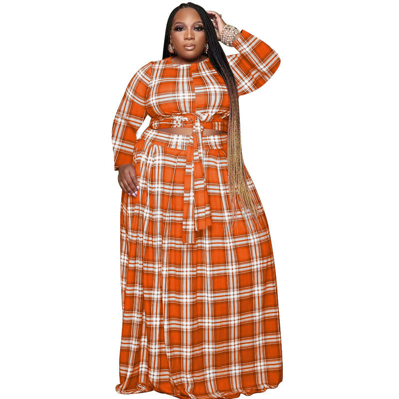 Autumn New Plaid Printed Two-Piece Loose Casual plus Size Women's Clothing Suit