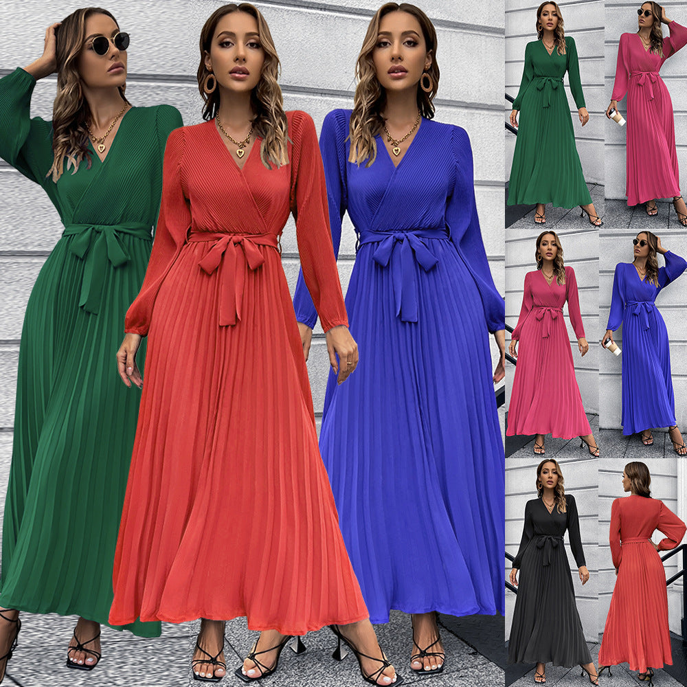 Women's New V-neck Long Sleeve Pleated A- line Skirt European and American Mid-Length Dress