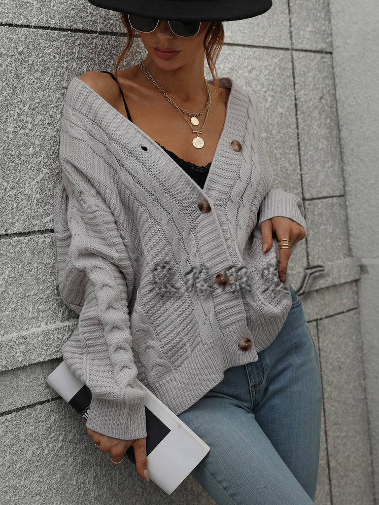 Button Women's Loose Solid Color Twisted String Knitted Cardigan Women's Foreign Trade Sweater Women