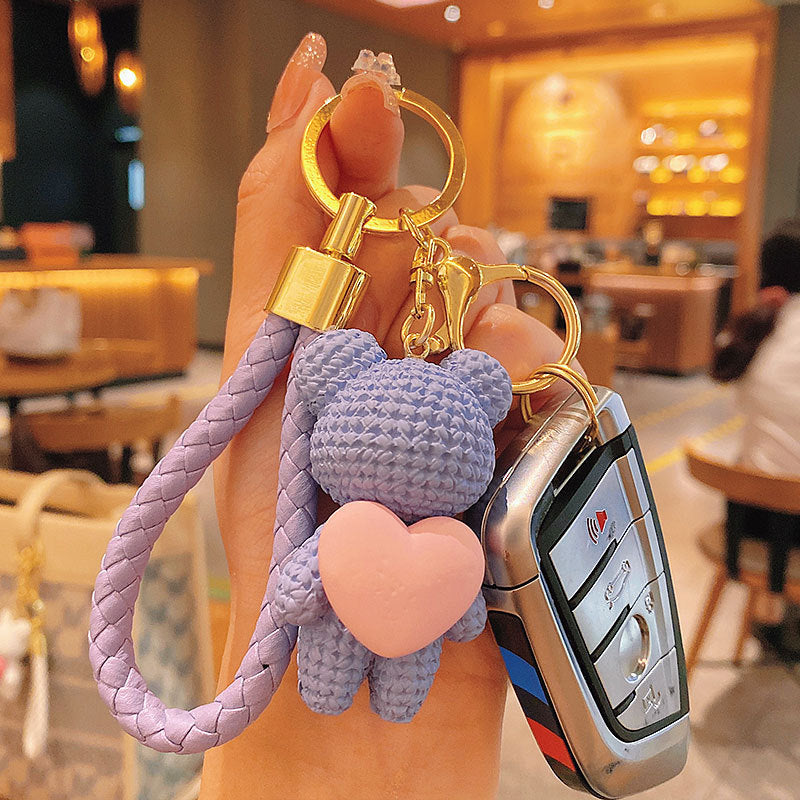 Cartoon Hug Peach Heart Woven Bear Keychain Female Cute Couple Pendant Creative Car Key Chain Ornaments