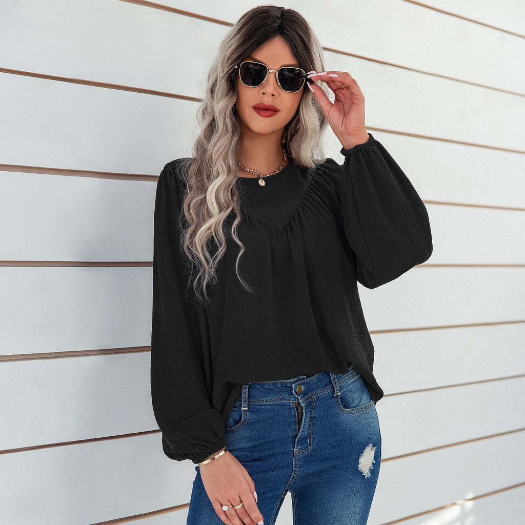 2022 early autumn new tops women's cross-border European and American women's clothing solid color round neck pullover shirt loose shirt