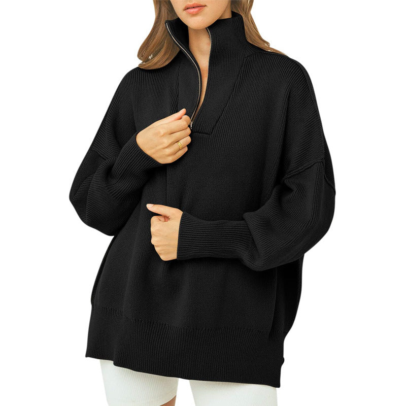 Women's Zipper Collar Drop-Shoulder Lantern Sleeve Sweater Pullover Sweater