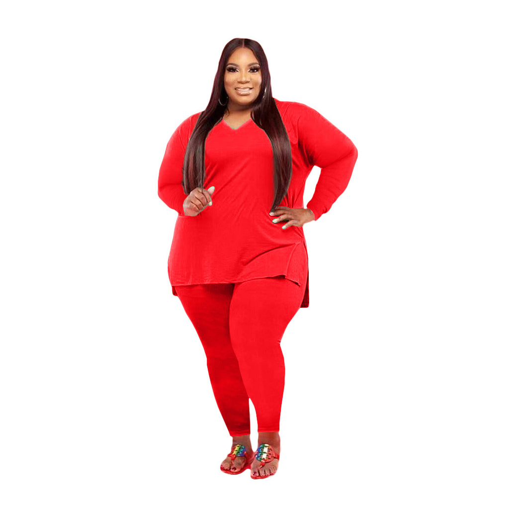 Large Size Women's Clothing Fashion Casual Solid Color Two-Piece Set Women