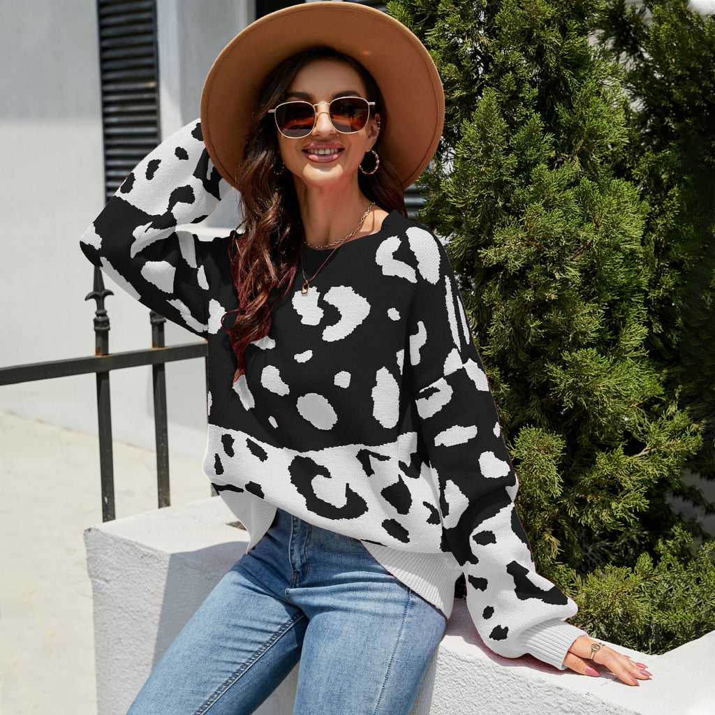 Women's round Neck Dual-Color Patchwork Leopard Print Sweater Women's Fashion Pullover Foreign Trade Sweater Women