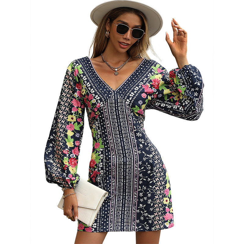 Fall Women's Clothing Long Sleeve European and American Style Ethnic Printed Dress