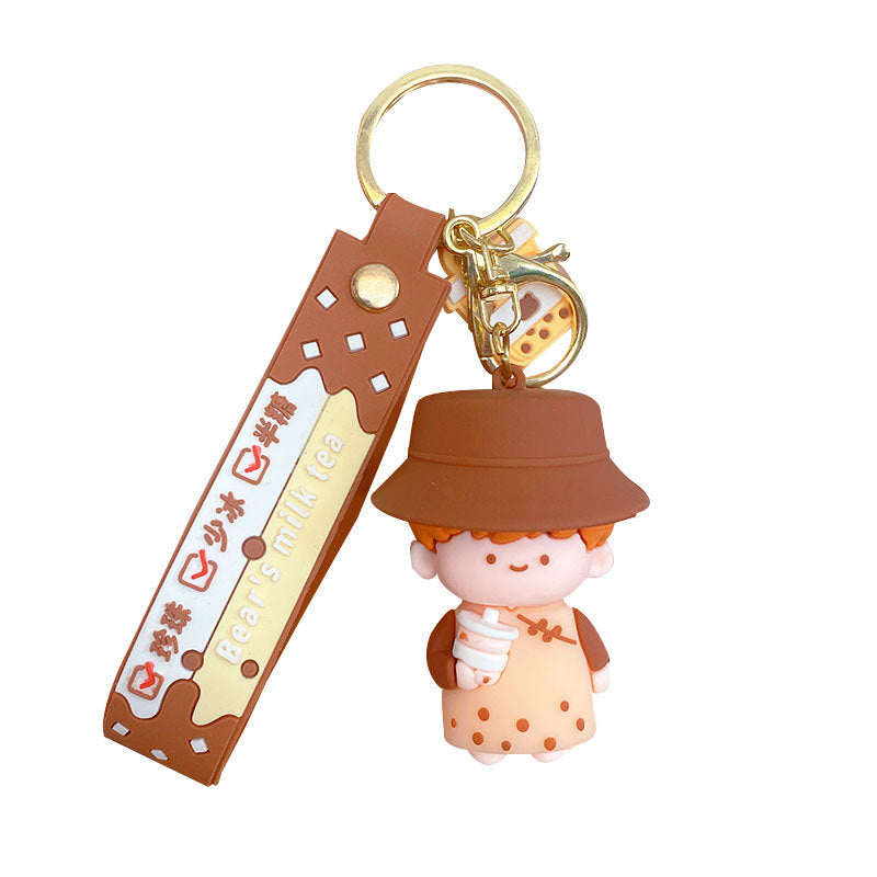 Creative Pearl Milk Tea Keychain Pendant Cute Cartoon Couple Car Key Chain Bag Ornament Gifts