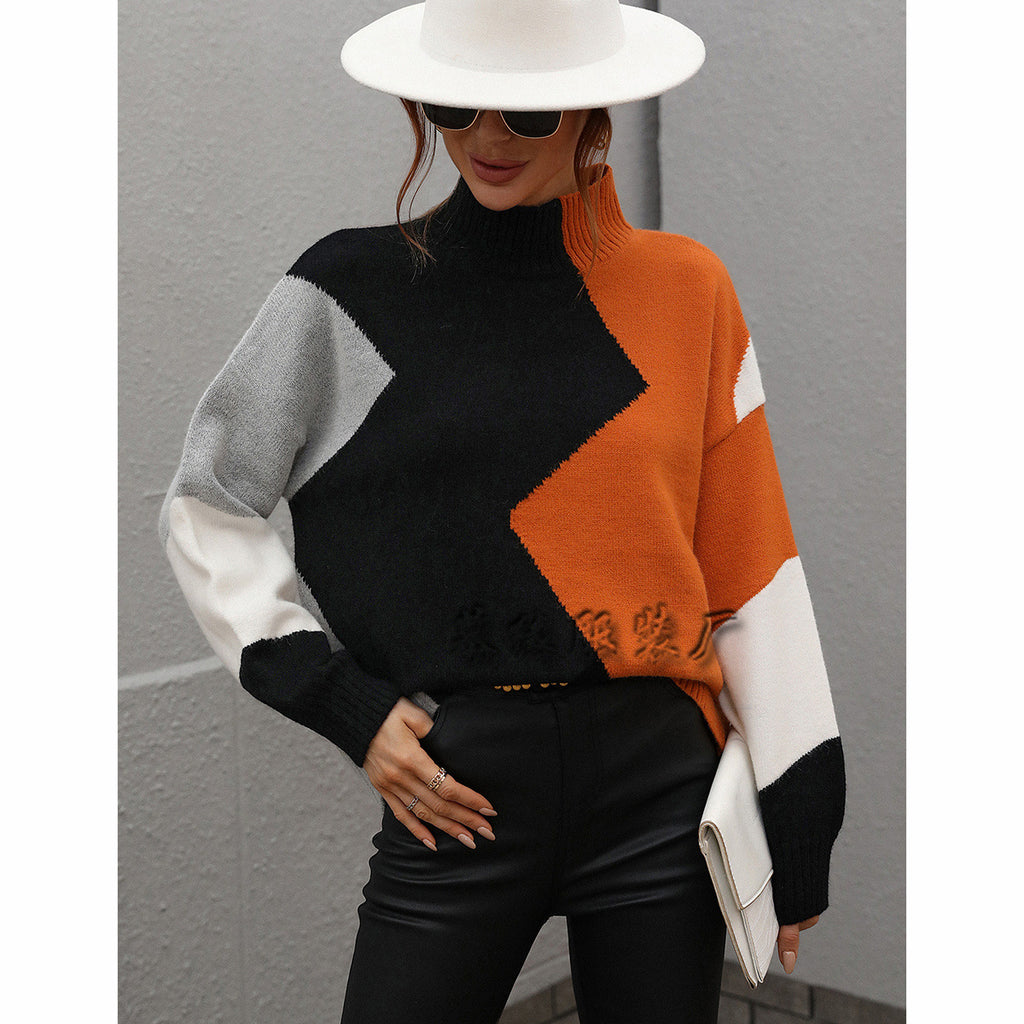 Autumn and Winter European and American Loose New Color-Block Crew Neck Knitwear Women's Pullover Foreign Trade Sweater Women