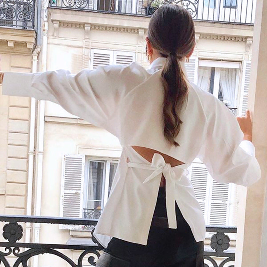 Long Sleeve Hollow-out Design Backless Lace up Waist-Tight French Style Temperament Shirt for Women